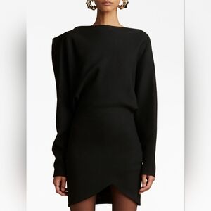 KHAITE Juniper Draped Neckline Long Sleeve Mini Dress Black US 4 Org $1,480